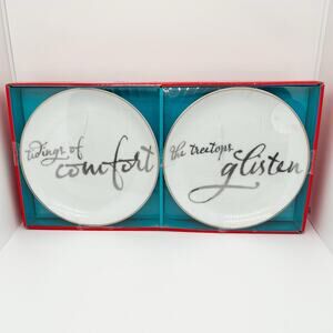 New in Box Set of 2 Christmas Dinnerware Plates White With Silver Lettering